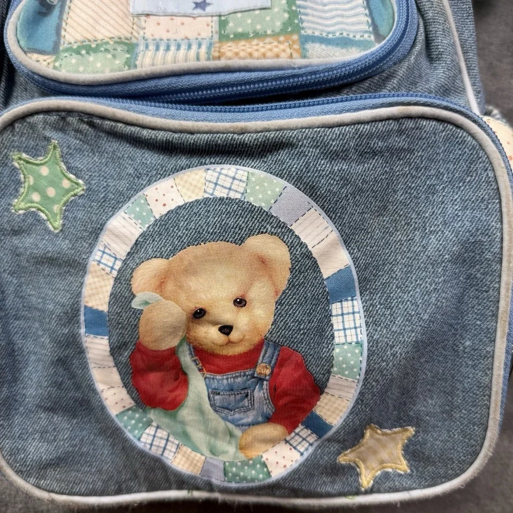 Blue Jean Teddy Bear Springs Blossom Demin Bottle Diaper Tote Bag Baby
